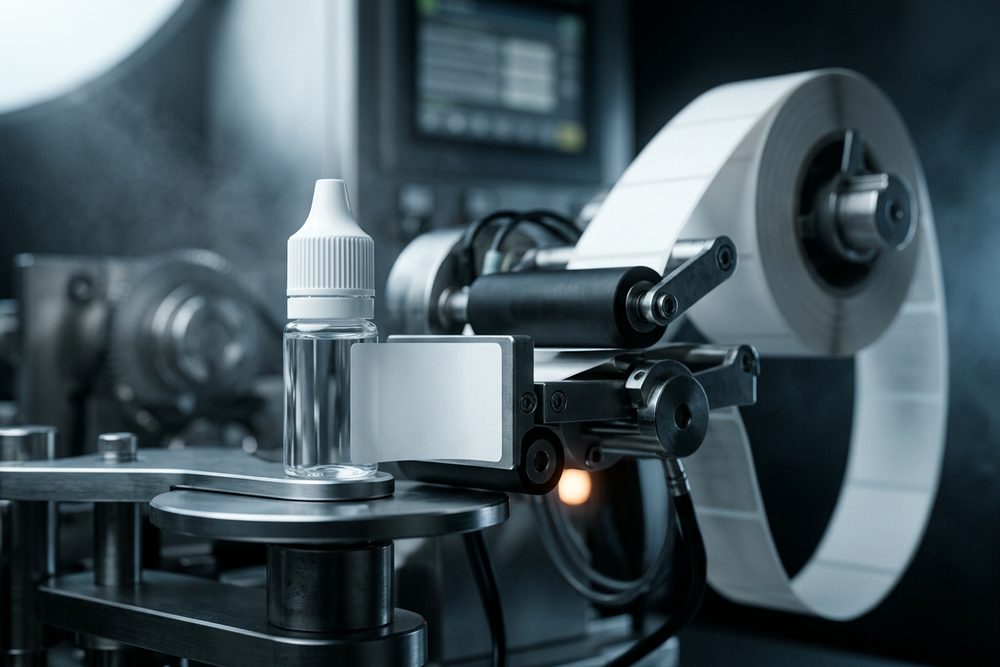 Labelling machine applying a blank label to a filled 10 ml bottle, with the label reel alongside.
