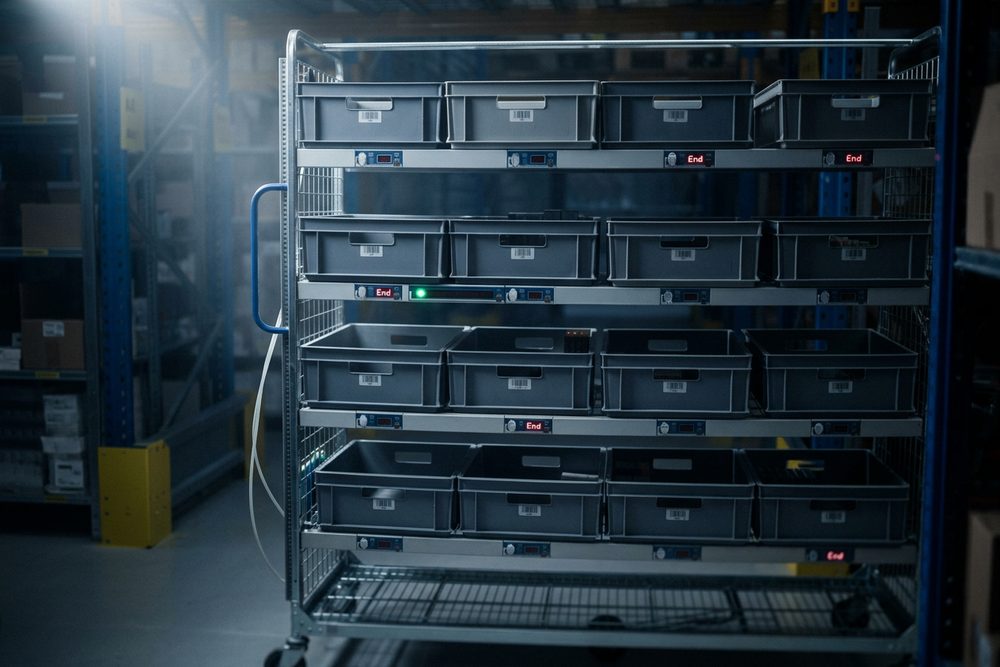 Order picking trolley with plastic crates and lit indicators in a warehouse aisle.