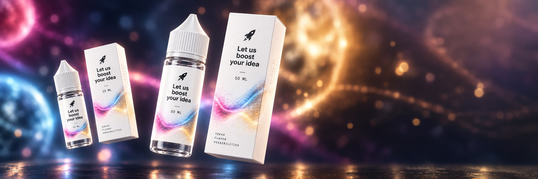 Example private label design: 10 ml and 50 ml e-liquid bottles with matching cartons.